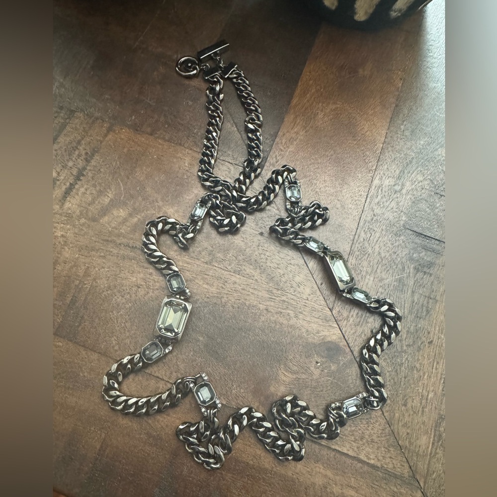 Givenchy Gunmetal Chain Necklace with Clear Crystals